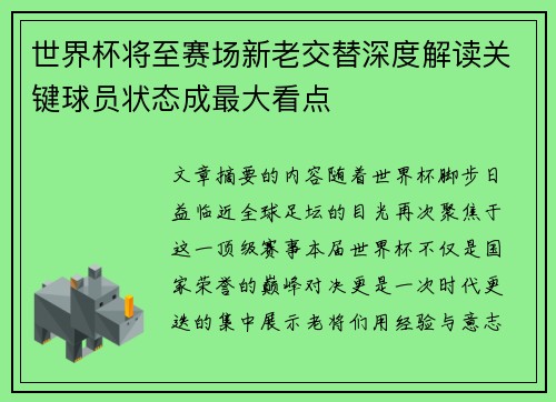 世界杯将至赛场新老交替深度解读关键球员状态成最大看点